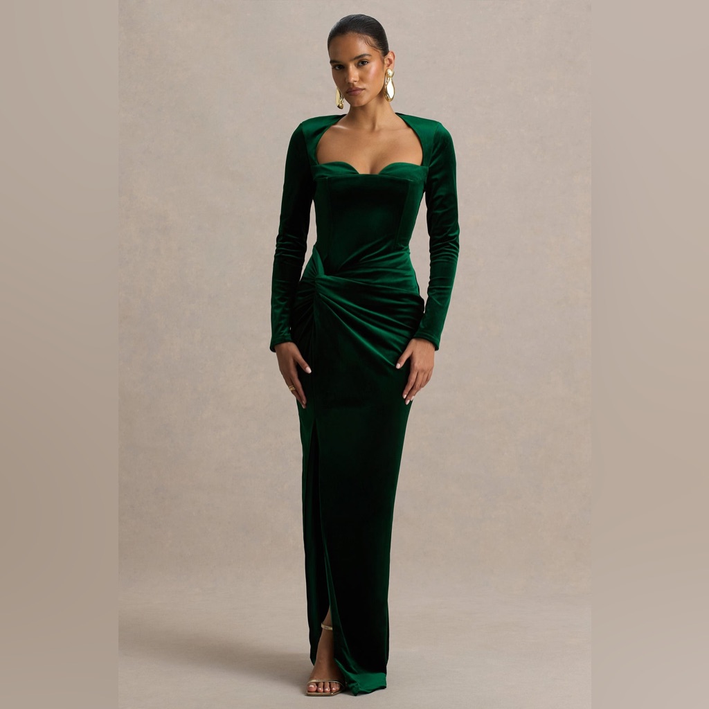 Club L London Fay Bottle Green Velvet Corset Style Knot Maxi Dress